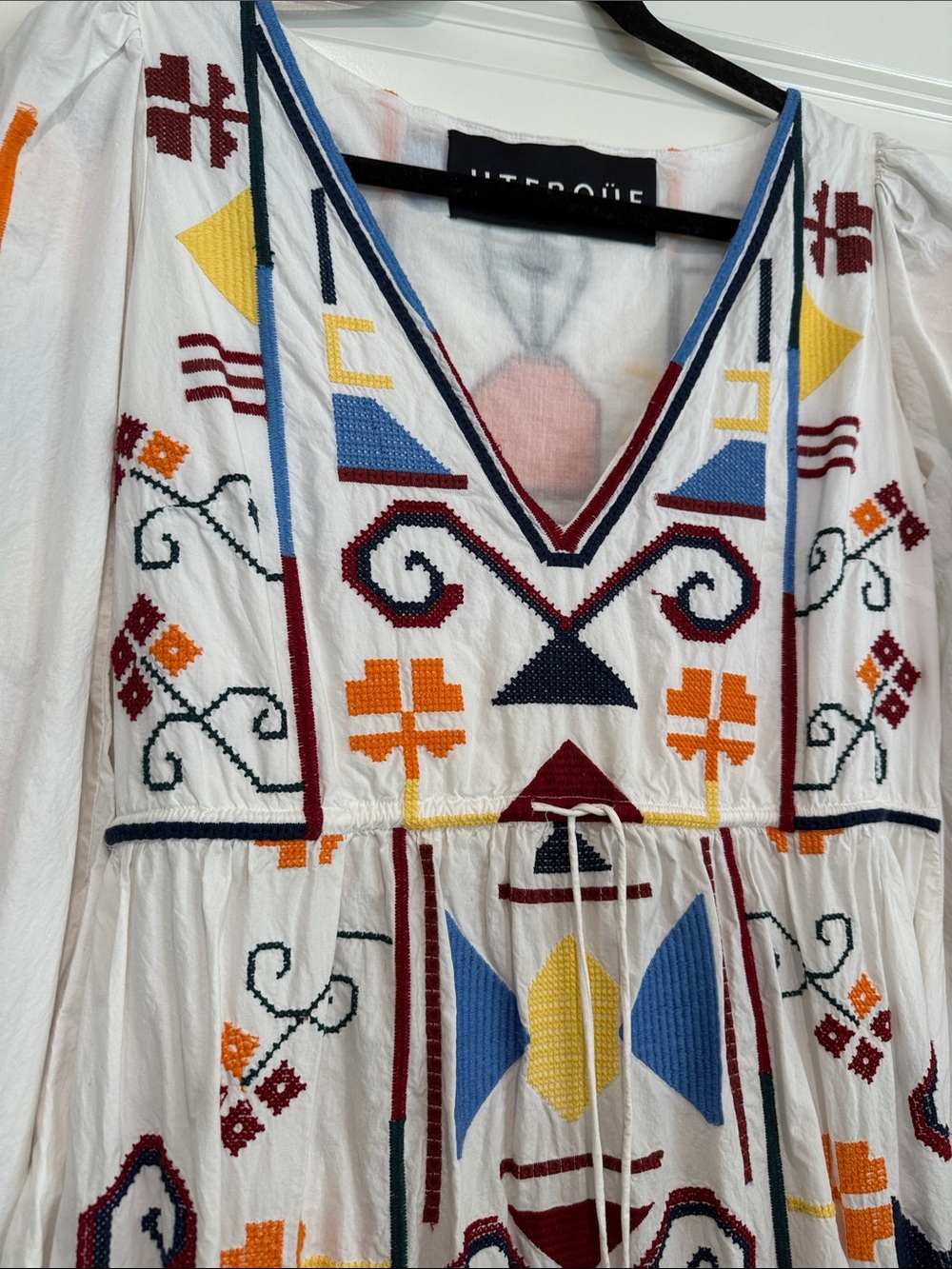 Uterqüe White Maxi Dress with Multicolor Geometric Embroidery - Picture 2 of 5